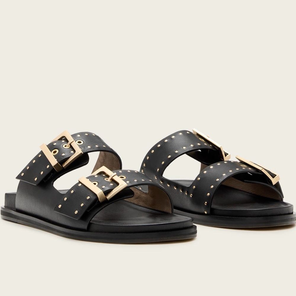 All Saints Black Leather Sandals with Gold Details - Picture 2 of 16